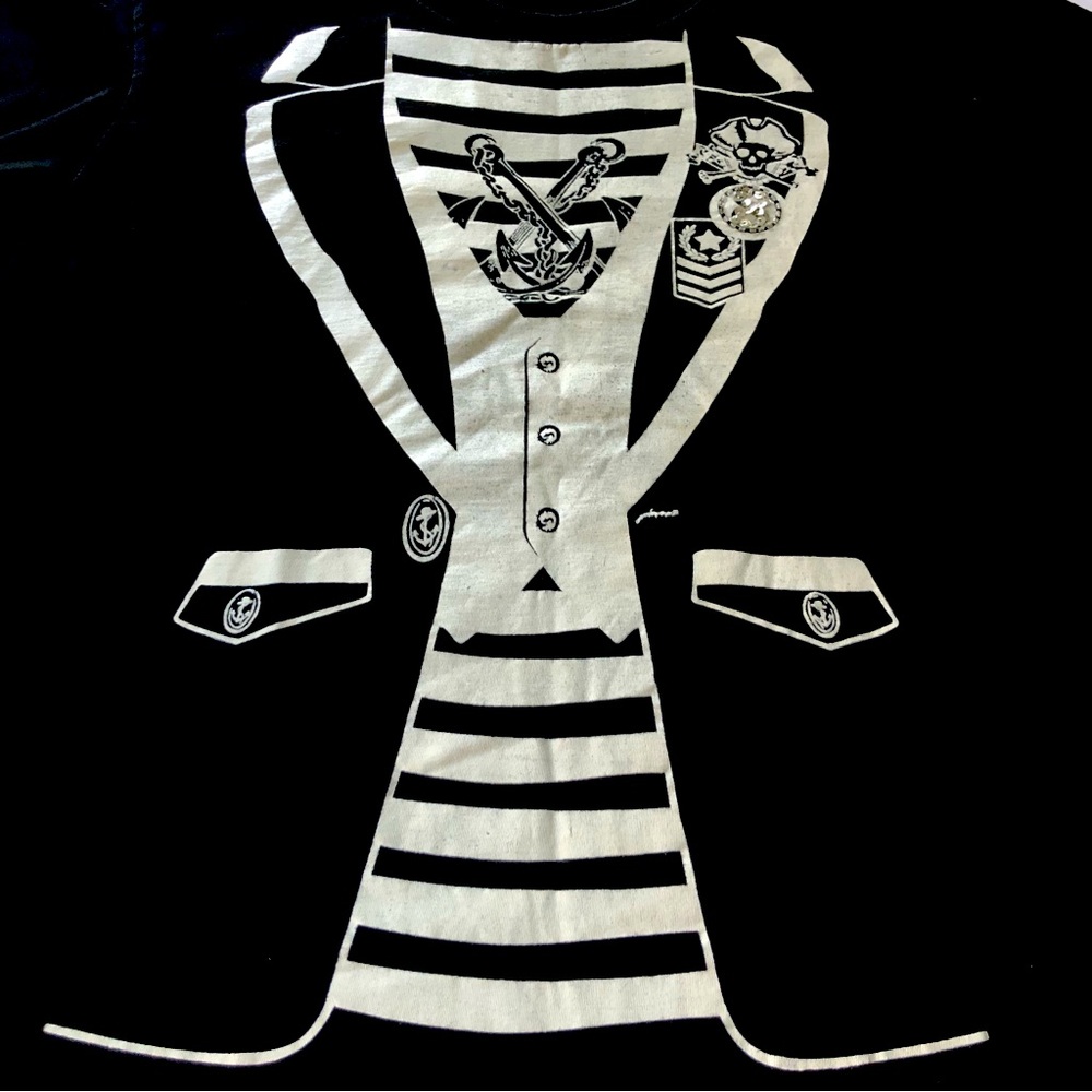 Punx No 8 t-shirt, deep black with white Tuxedo Pirate graphic, bejeweled, sz M